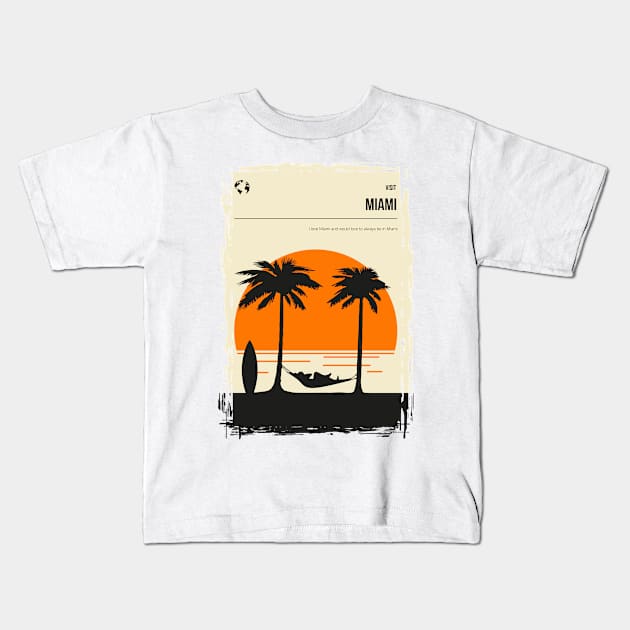 Miami Florida Summer Beach Surfing Travel Poster Kids T-Shirt by jornvanhezik